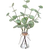 gonfaci 14" Artificial Eucalyptus Stems in Glass Vase with Faux Water, 3Pcs Fake Plant with Double-Sided Green Leaves for Centerpiece(White Green)