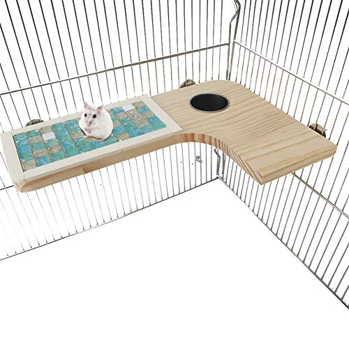 3 In One Hamster Toys Jumping Platform, Guinea Pig Double-Sided Natural Wooden Springboard, Small Pet Chinchilla Climbing Stand Board with Crystal Stone Mat and Feeding Cups, Bird Cage Ornaments
