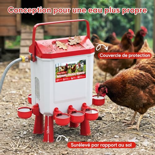 CHAMUTY Automatic Chicken Drinker 10 Litres with 8 Bowls, 8 Nipple Dispensers, Controlled Filtered Float, 1.5 m Stainless Steel Pipe, Automatic Chicken Water Dispenser for Ducks Geese