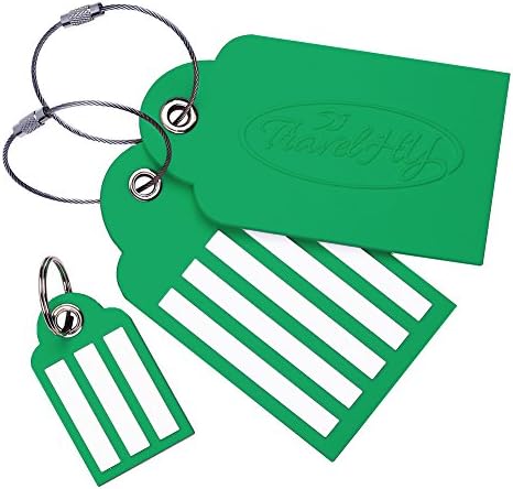 2 Large + 1 Small Travel Luggage Tags, Easy To Write, Extra Wide Lines, Tough PVC, Steel Loops, (Green) By TravelHY