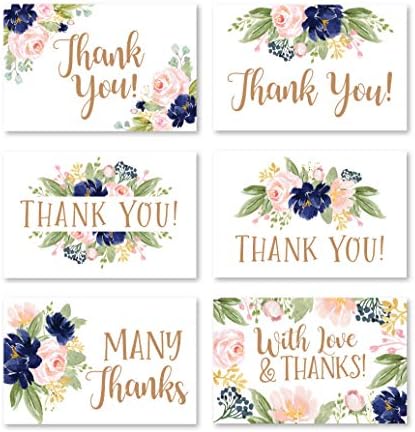 24 Navy Floral Thank You Cards With Envelopes, Great Note For Adult Funeral Sympathy or Gift Gratitude Supplies For Grad, Birthday, Baby or Classic Vintage Flower Bridal Wedding Shower For Boy or Girl