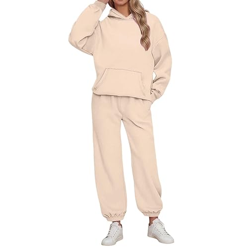 Tracksuit Womens Full Set with Pocket 2 Piece Cuffed Legs Jogger and Hooded Sweatshirt Solid Color Hoodie and Tracksuit Bottom Plus Size Autumn Winter Lounge Wear Gym Sport Womens Activewear