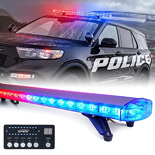 Xprite 48 Inch LED Rooftop Emergency Strobe Lights Bar w/Adjustable Mounting Brackets, Warning Flashing Police Lightbar for Security POV Law Enforcement Tow Trucks Volunteer Firefighter - Red Blue