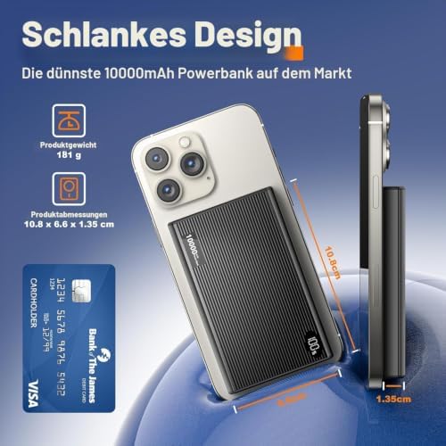 Magnetische Powerbank 10000mAh, 15W Kabelloses Magnetic Laden & 20W USB-C Schnellladen, LED-Digitalanzeige, Starker Magnet, kompatibel mit phone 17/16/15/14/13/12 Serie – flugtauglich (Grau)