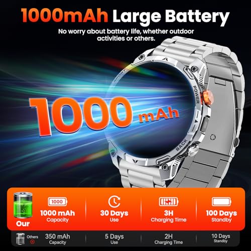Haulvean Men's Military Watch Battery 1000 mAh Smartwatch Two Bracelets 1.75 Inches HD Screen LED Flashlight 100+ Sports Modes Health Monitoring Bluetooth Calls for iOS Android (Silver)