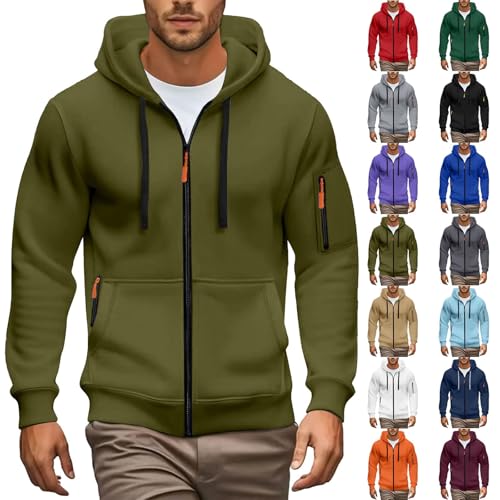 Men's Full-Zip Fleece Hoodie Classic Plain Hooded Sweatshirt Long Sleeve Jacket with Zipper Pocket Comfortable Zip-Up Hooded Top Men's Hoodie Classic Ideal Weekend Wear