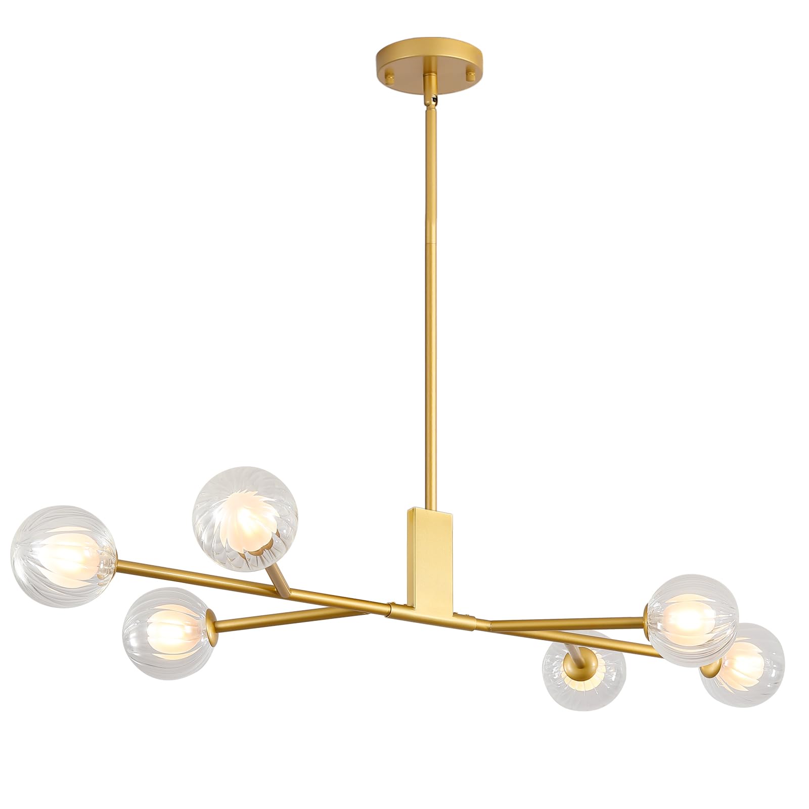 Photo 1 of 3WWWUEE Modern Gold Sputnik Island Light, 6-Light Glass Linear Chandelier for Dining Room, 46'' Ceiling Pendant Light Fixture with Globe Lampshade, Large Hanging Lamp Over Table, Bar, G9 Base