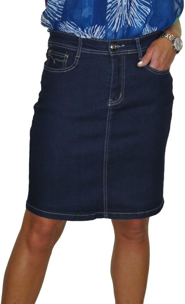 Women's Classic Stretch Denim Skirt Ladies Slim Fit Above The Knee Short Pencil Jeans Skirt Summer Casual Day Evening Indigo Blue 8-20