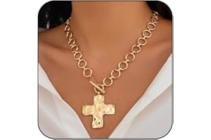 Atiptu Gold Chunky Cross Necklace for Women Statement Cross Pendant Necklace Layered Hammered Bold Cross Necklace Vintage Toggle Clasp Necklace Jewelry