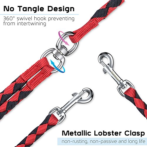 PETBABA Double Dog Leash, 4.6ft No Tangle Dual Rope Coupler, Heavy Duty 2 Way Lead Splitter with Soft Padded Handle, Walk Train Two Big Pet in Red