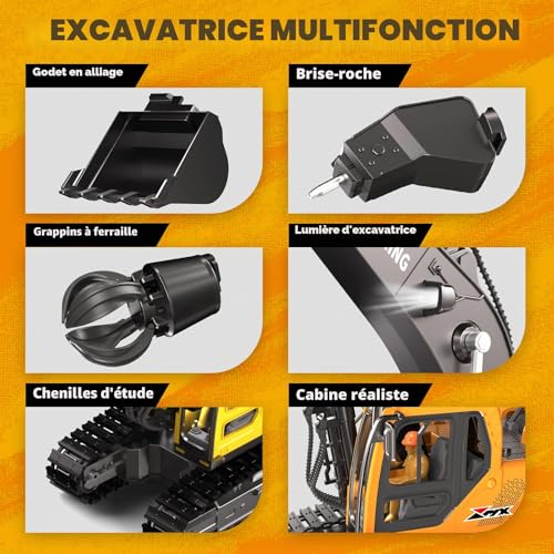 GraceDuck 3-in-1 Remote Control Excavator, 2.4 GHz with Sound & Light Functions – 680° Rotation and 3 Interchangeable Accessories, Suitable for Various Terraines, Ideal Toy for Children aged 6-12
