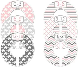 C97 Baby Girl Nursery Clothes Hanger Size Dividers Closet Organizer Elephants Pink Gray Set of 6
