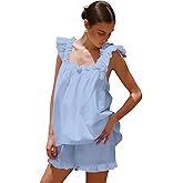 DinDinCAT Pajamas for Women Set 2 Piece Summer Pjs Ruffle Soft Tank Top and Shorts Sleepwear Sets Casul Pajamas Set