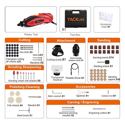 TACKLIFE Rotary Tool Kit with MultiPro Keyless Chuck and Flex Shaft, Versatile Accessories, 4