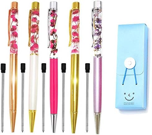 Ballpoint Pens,5PCS Metal Ball Pens Office Supplies,Rose Red/Blue/Purple/White/Rose Gold Pens Dynamic Liquid Flower Pen Black for Desk Accessories