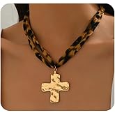 Quivox Charm Scarf Necklace for Women Big Cross Flower Pendant Bandana Necklaces Vintage Leopard Fabric Choker Necklace Boho Beach Festival Jewelry Accessories