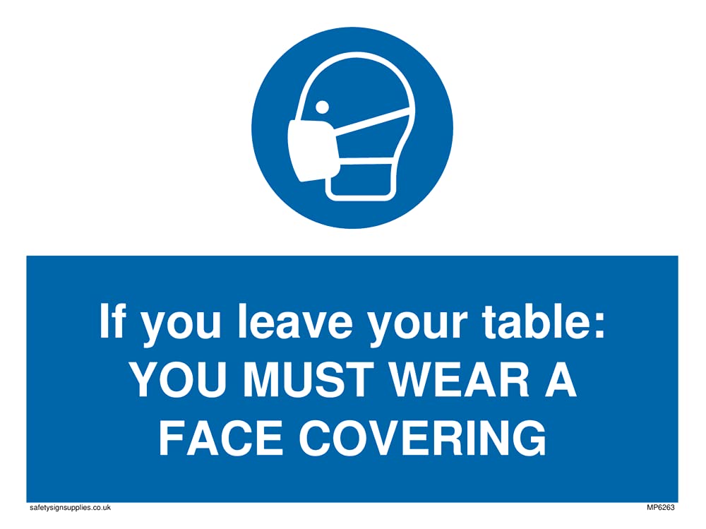 Pack of five - If you leave your table: YOU MUST WEAR A FACE COVERING Sign - 200x150mm - A5L