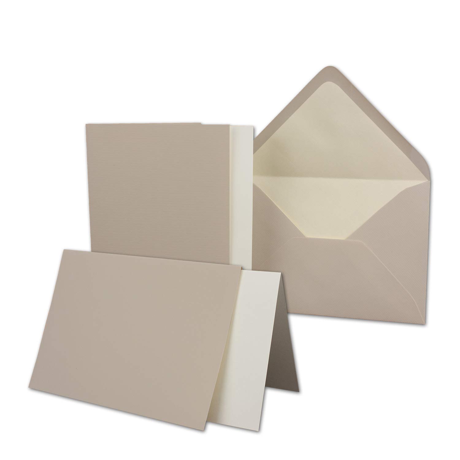 NEUSER PAPIER 25x card set DIN B6-12 x 17 cm 120 x 170 mm folding cards with envelopes & inserts ribbed structure surface taupe vintage invitation cards