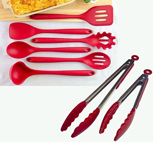 StarPack Value Bundle 0004 - Premium 6-Pc XL Silicone Kitchen Utensils (13.5") and 2-Pc Silicone Kitchen Tongs (9" & 12") - Cherry Red