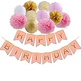 Happy Birthday Decorations Pink And Gold Banner With Paper Flowers Pom Poms For Flamingo Party Supplies