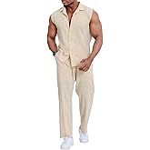 Epoleatries Mens Linen Sets 2 Piece Outfits Sleeveless Shirt and Pants Set Vacation Outfit for Men Summer Beach Suits