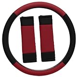 OxGord 3pc Set Flat Cloth Mesh Steering Wheel Cover Seat Belt Pads, Universal 15 Fits Most Car, SUV, Van Trucks - Red Black