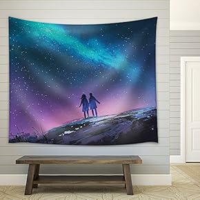 Young Couple Standing Holding Hands Against The Milky Way Galaxy,Illustration Painting - Fabric Wall Tapestry Home Decor - 51x60 inches