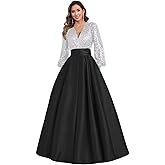 Long Sleeve Prom Dress with Pockets for Women Sequin Satin Mother of Bride Dresses V Neck Formal Evening Gown