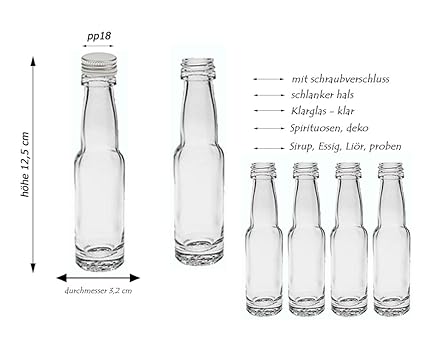100 leere Mini Glasflaschen'Lang' 40 ml Silber Glasfläschchen kleine Flaschen incl. Schraubverschluss, Likörflaschen zum selb
