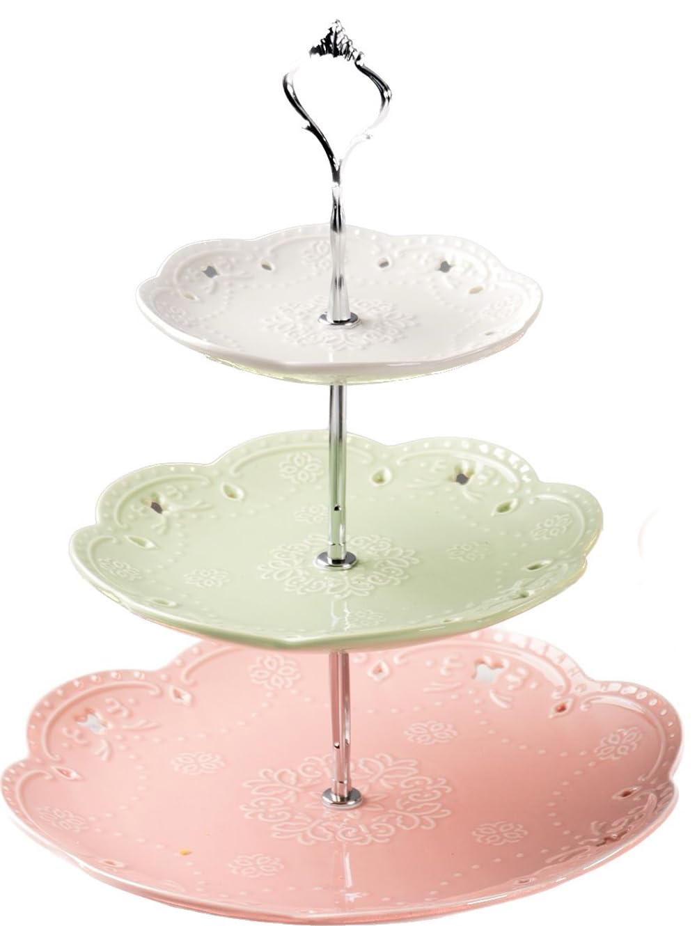 YBK Tech 3-Tier Porcelain Serving Stand, Cake Stand with Embossed Lace Pattern - (White+Green+Pink, Silver rod)