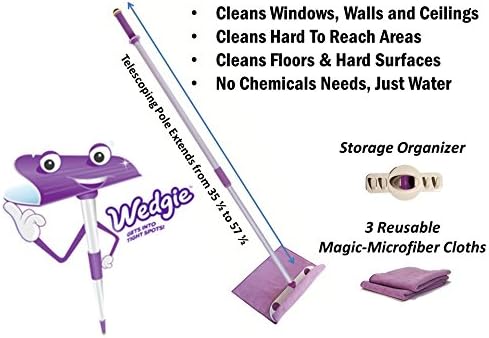 WonderWedgie Microfiber Mop Cleaning System - Mop for Floor Cleaning and More - Includes Raised Wedge Mop Head, 3 Microfiber Cleaning Cloths, Telescoping Pole, and Wall Mount Organizer