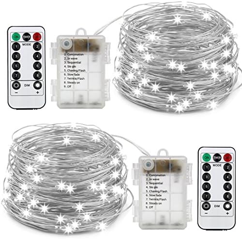 Xingpold 2 Set Fairy String Lights Battery Operated Waterproof 8 Modes Twinkling 100 LED String Lights 33FT Copper Wire Firefly Lights Remote Control for Bedroom Wedding Festival Decor (White)