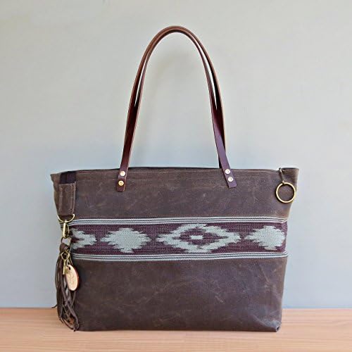 Handcrafted Zipper Waxed Canvas Tote Bag with a Pine Green Southwest Aztec Accent and Leather Straps in Seal Brown