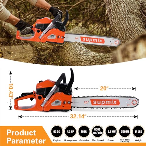 SUPMIXTOOLS 62cc Gas Chainsaw 20 Inch Gas Powered Chainsaws 2-Cycle Petrol photo 12