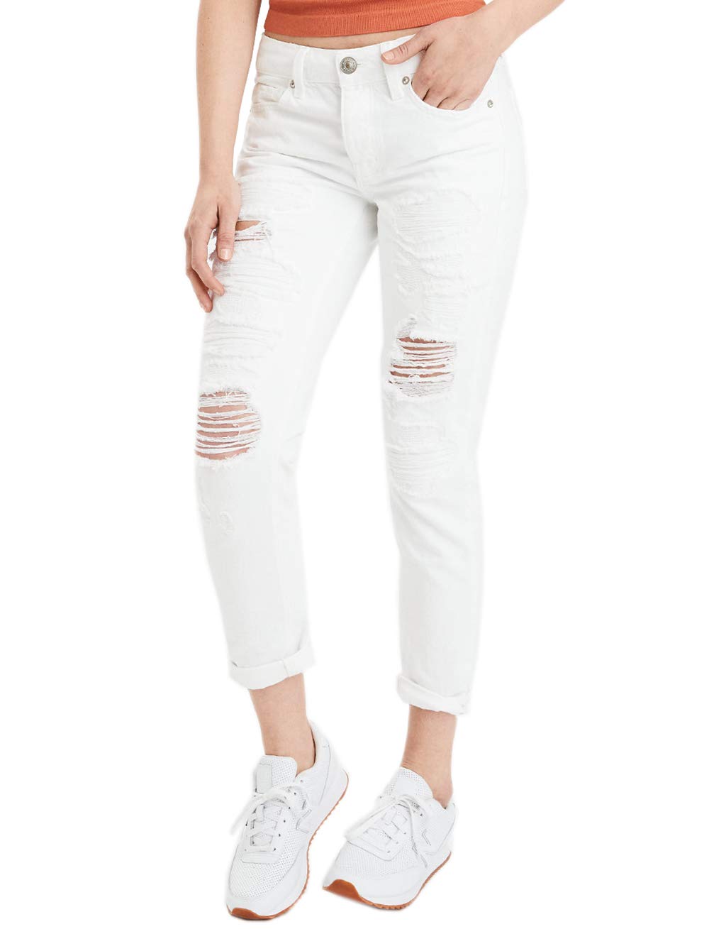 American Eagle Womens 1827132 Tomgirl Jean, Rip & Repair White