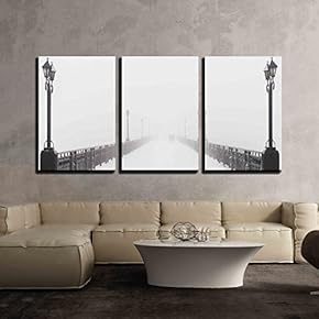 3 Piece Canvas Wall Art - Bridge City Landscape in Foggy Snowy Winter Day - Walking Couple - Modern Home Art Stretched and Framed Ready to Hang - 16"x24"x3 Panels