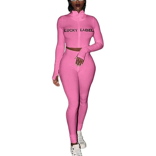 Xibulin Women's 2 Piece Outfit Embroidered Letter Print Ribbed Zipper Short Top Bodycon Long Pants Tracksuit