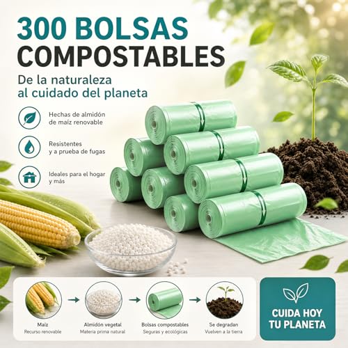 JZCQZCXB Bolsas de Basura 300Pcs, Bolsas para Basura Medianas Biodegradables 50 * 60CM, Gruesas, Inodoras, Grandes, Compostables, ideal para Cocina, Baño, Oficina, Hogar (Verde)
