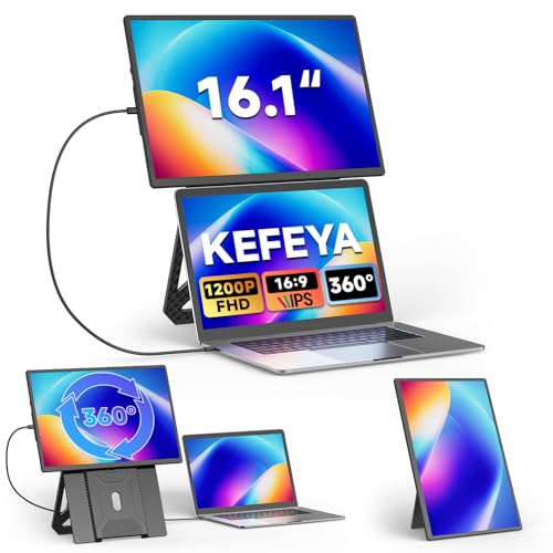 KEFEYA Laptop Screen Extender, 16.1” FHD 1080P IPS Dual Laptop Monitor Extender, Portable Monitor for 13-17.3” Laptops, Plug & Play Dual Screens for Windows/Mac/Android with USB C/HDMI Port