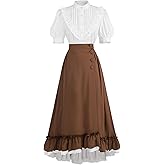 FCCAM Victorian Dress for Women Short Sleeve 1800s Edwardian Dress Costume with Pockets