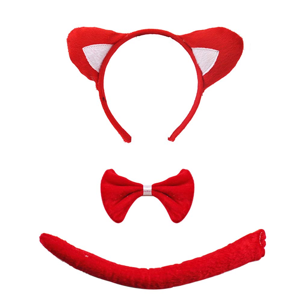 She's Shining Fox Headband Bow Tie Tail Set, Animal Ears Fancy Dress Christmas Party Costume Hair Accessories Red