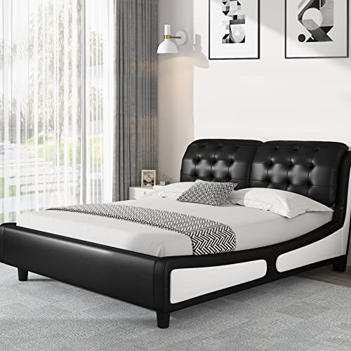 Allewie Queen Size Deluxe Platform Bed Frame with Curved Headboard and