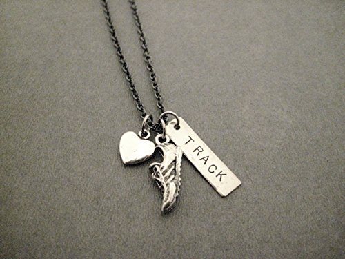 Love to Run TRACK Necklace on 18 inch Gunmetal Chain - Heart, Running Shoe Charm and Hand Hammered Nickel Silver Pendant - Thumbnail 2