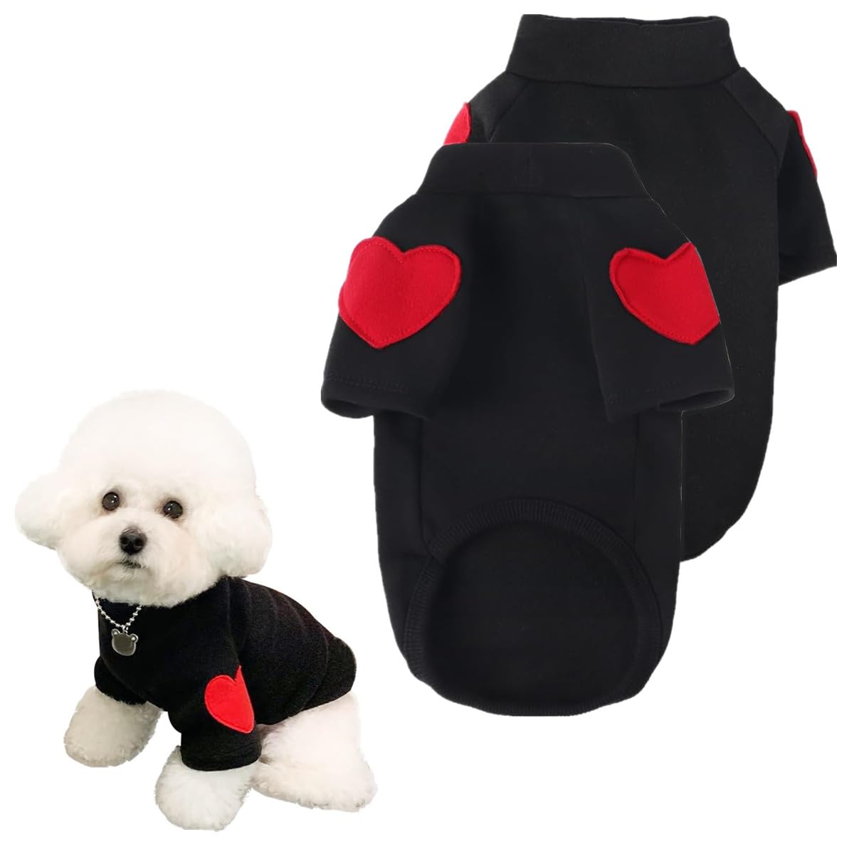 SamHeng Dog Sweatshirt Turtleneck Small Dog Hoodie Fleece Inside Dog Jumper Pet Dog Cat Sweater Pullover Warm Dog Clothes with Heart Print for Teddy Chihuahua Schnauzer Indoor Outdoor Wear (Black-M)