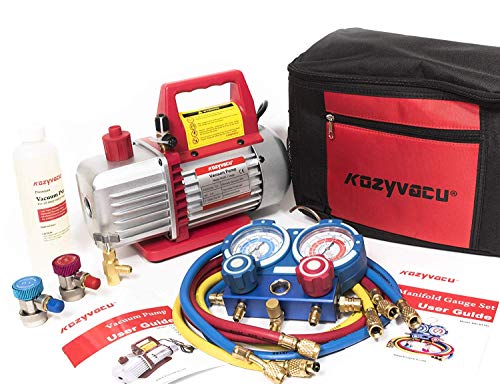 Kozyvacu AUTO AC Repair Complete Tool Kit with 1-Stage 3.5 CFM Vacuum Pump, Manifold Gauge Set, Hoses and its Acccessories