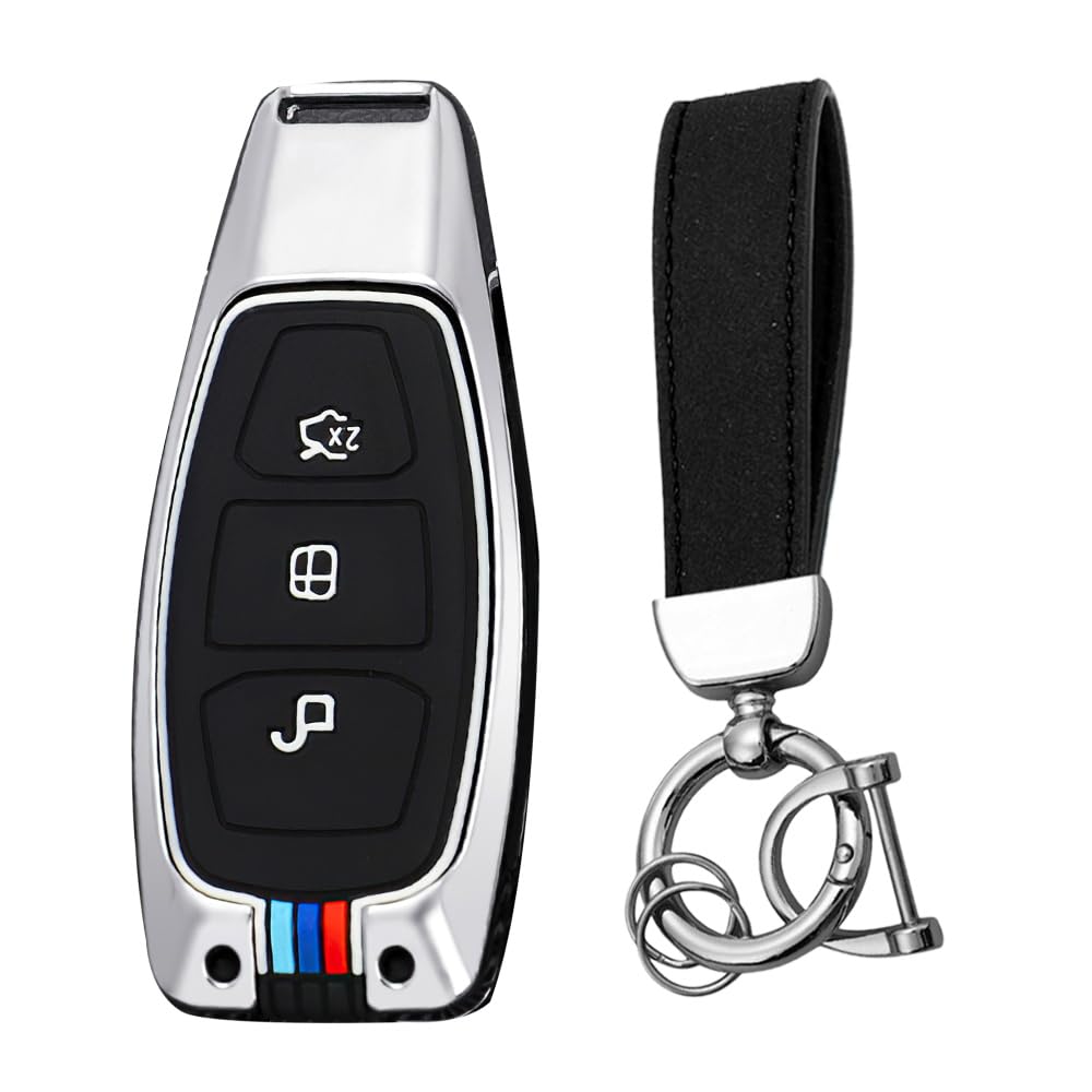 KUNIO Key Fob Cover fit fords Focus ST Fiesta Kuga C-Max Ecosport Key Case Metal Cover Keyless Key Cover Key Protection 3 Buttons Key Chain B Silver