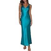 Womens Elegant Satin V Neck Backless Sleeveless Maxi Dress Silk Tie Low Back Formal Cocktail Dresses Wedding Guest