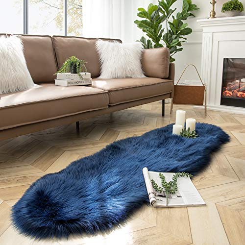 Ashler Ultra Soft Faux Sheepskin Fur Rug Navy Blue Fluffy Area Rug Shag
