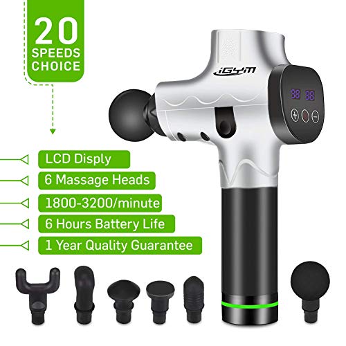iGYM Massage Gun Handheld Muscle Electric Massager Deep Tissue Percussion Treatment Device Pain Relief for Athletes with Quiet Motor, 20 Adjustable Vibraion Speed, 6 Massager Head and Portable Bag