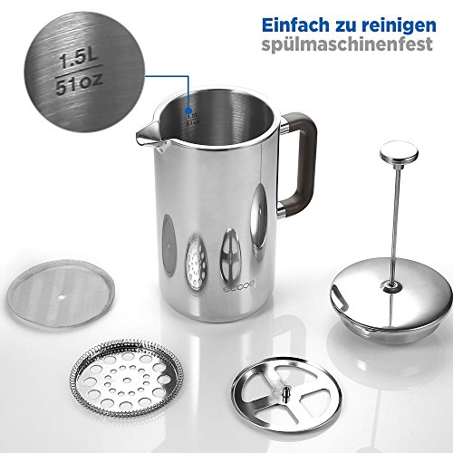 ecooe 1.5L French Press Kaffee Doppelwandiger Kaffeebereiter aus 18/10 Rostenfrei Edelstahl mit 3 Filtern Silber 1500ml – Bild 6